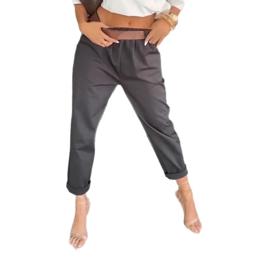 Damen nan hochtaillierte Paperbag-Hose mit gerafftem Bund, Eingrifftaschen und gekrempeltem Saum R&B