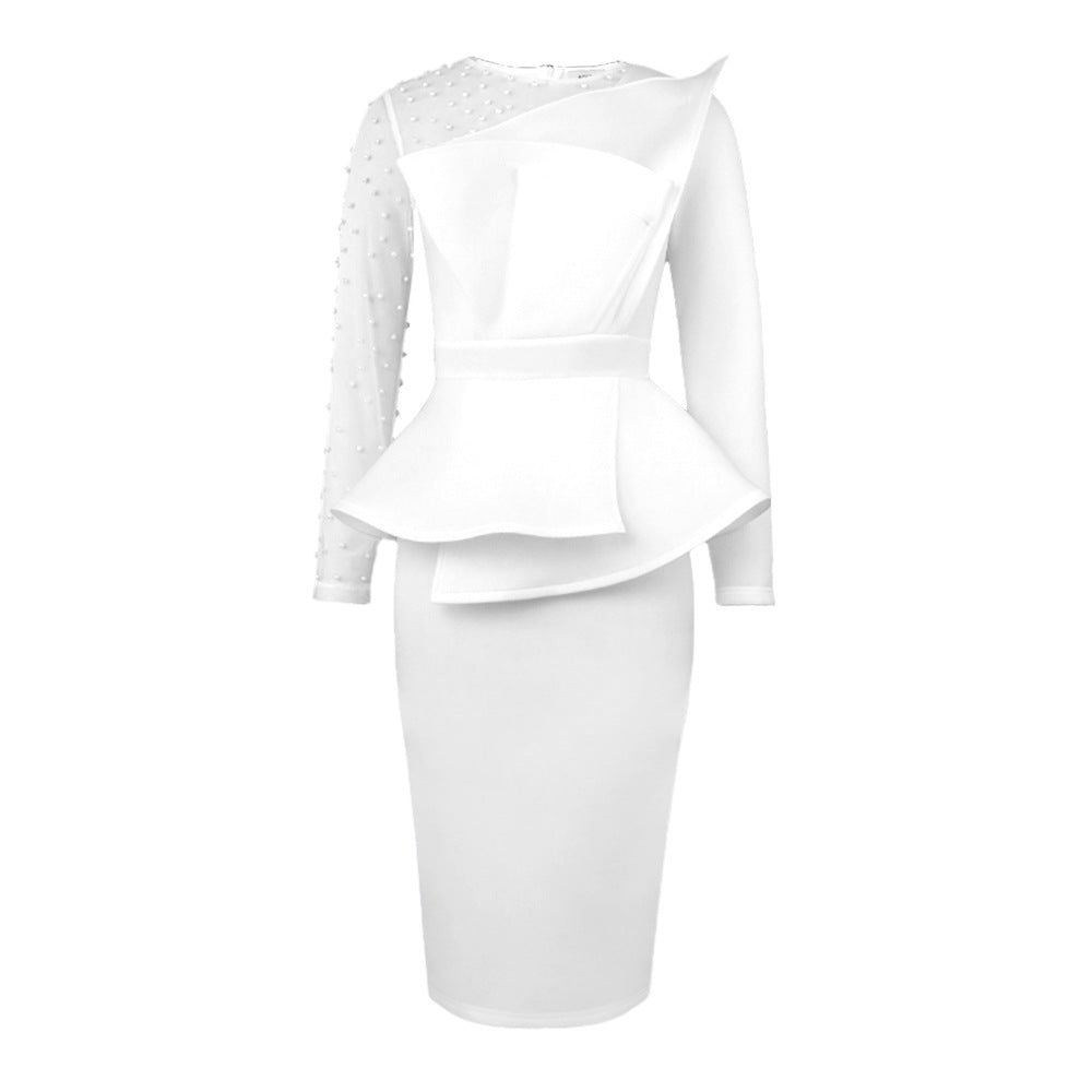 Damen Etuikleid mit transparenten Puffärmeln und dekorativem Peplum R&B