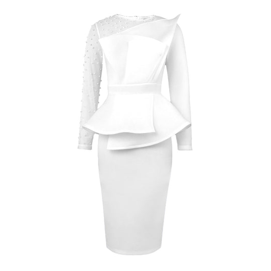 Damen Etuikleid mit transparenten Puffärmeln und dekorativem Peplum R&B