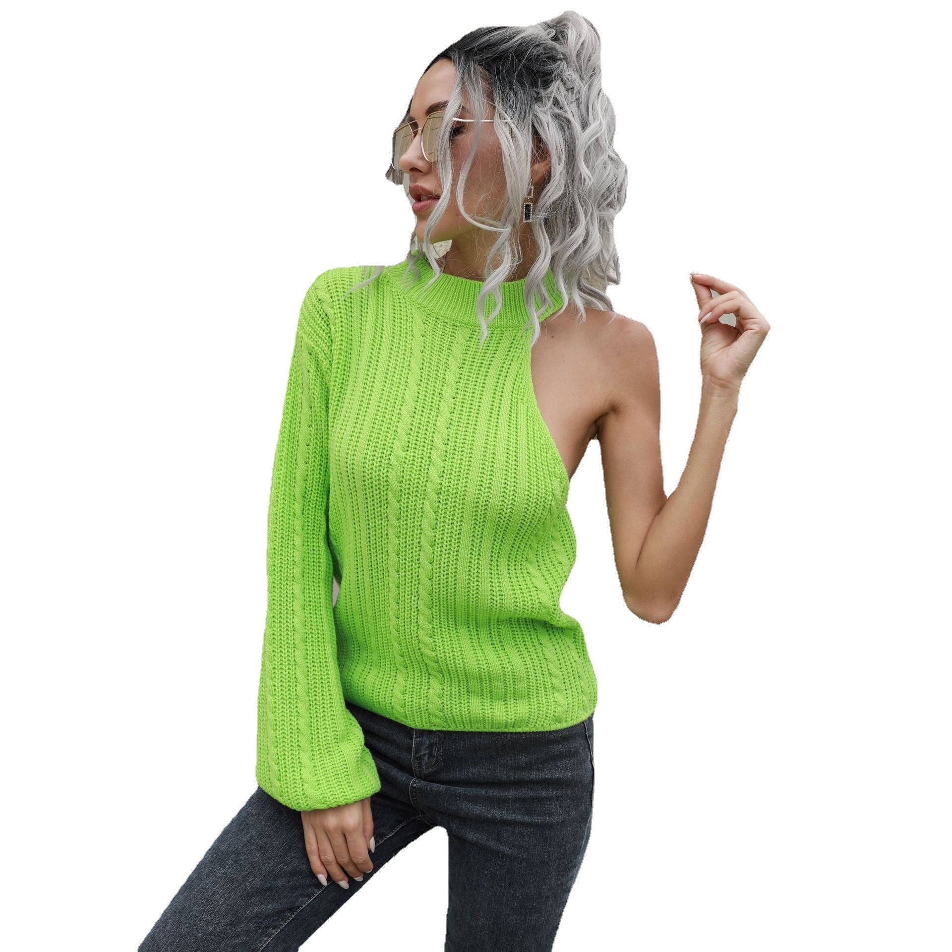 Damen Strickpullover mit asymmetrischem Ausschnitt und hohem Kragen R&B