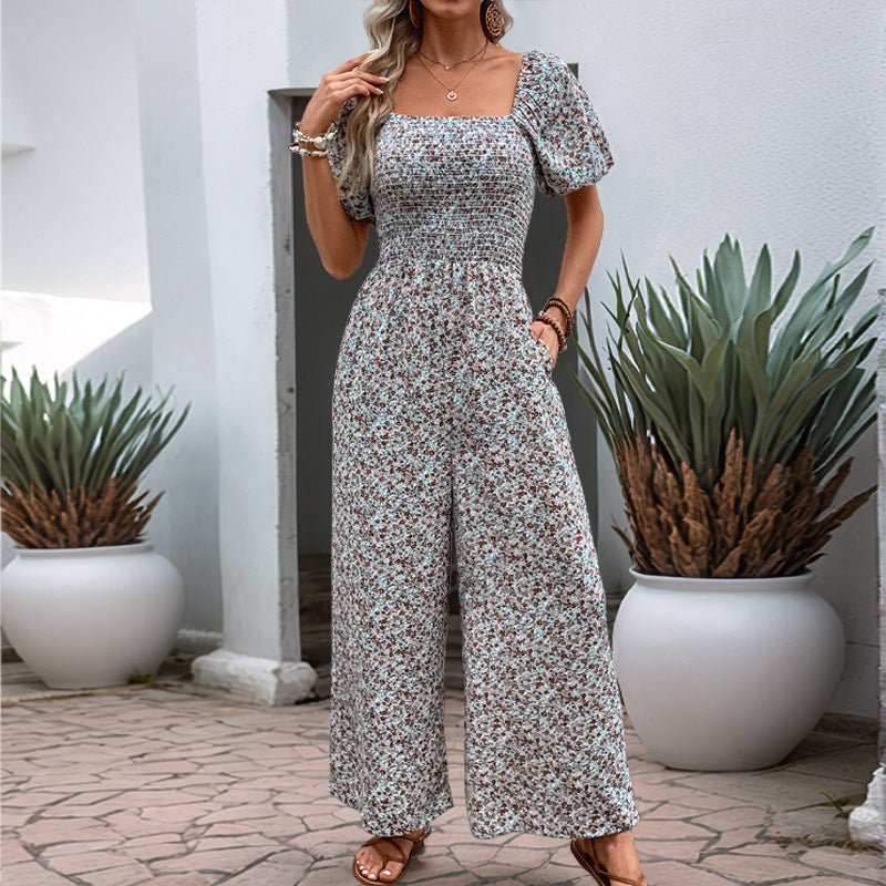 Damen farbenfrohes Blumensommeroverall mit Puffärmeln R&B