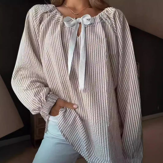 Damen Bluse mit elastischem Ausschnitt und Schleifenbindung R&B