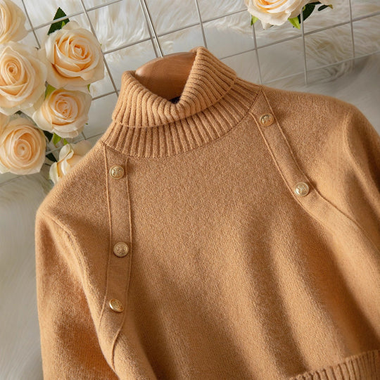 Damen eleganter Strickpullover mit hochgeschlossenem Kragen und dekorativen Knopfdetails R&B