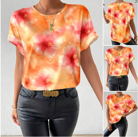 Damen nan lockeres Kurzblusen-Shirt in Seidenoptik mit Aquarellblütenprint und Umschlagärmeln R&B