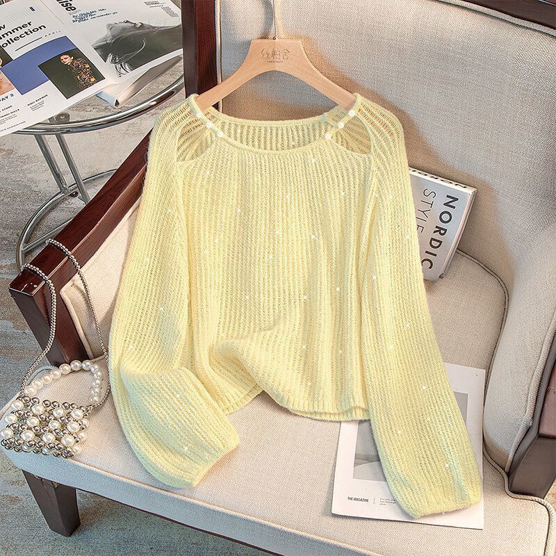 Damen lässiger Pullover mit Off-Shoulder Design und funkelnden Details R&B
