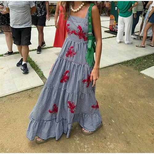 Damen Maxikleid mit Karo-Muster und lebhaften gestickten Krabbenmotiven R&B