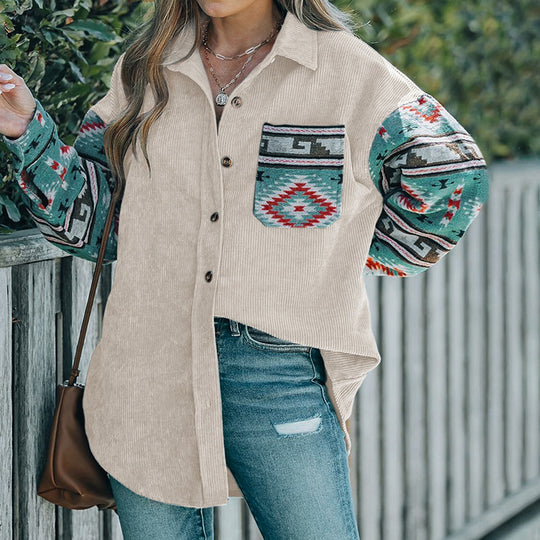 Damen Cordjacke mit dekorativem Ethnomuster R&B