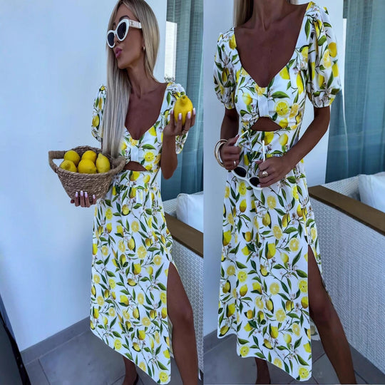 Damen Maxi Kleid mit Fruchtmotiv und Cut-Out-Details R&B