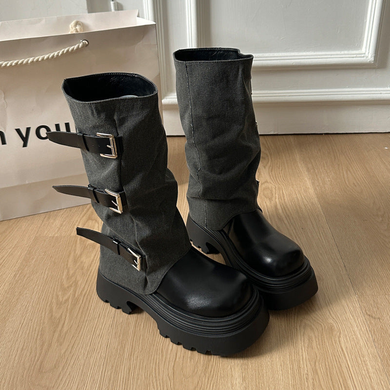Damen Boots mit modischer Schnallenverzierung und robustem Plateau-Heel R&B