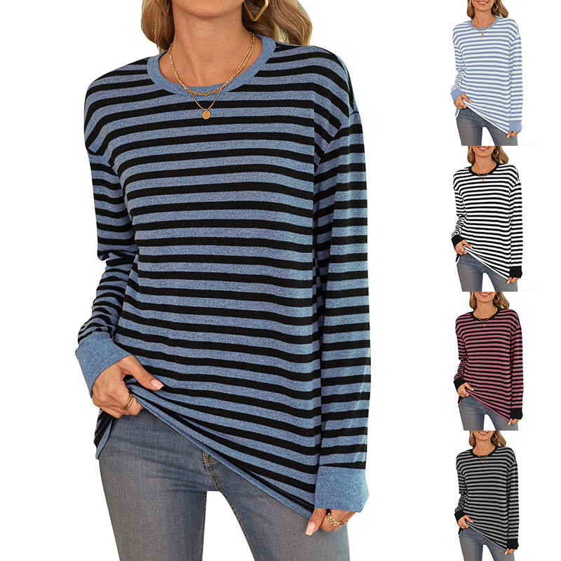 Damen bequemes Langarmshirt mit gestreiftem Design und Rundhalsausschnitt R&B