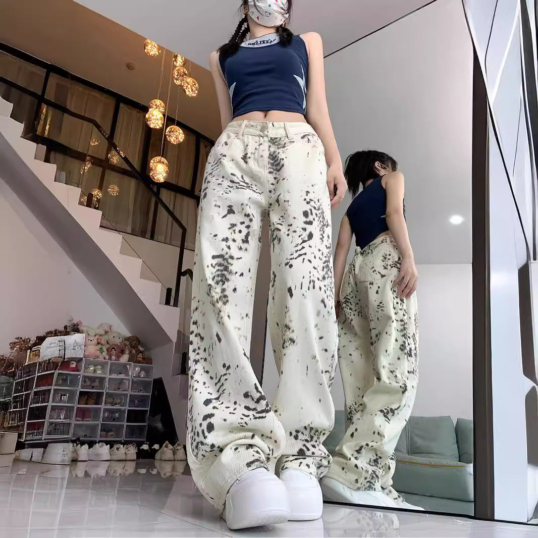 Damen weite Cargo-Jeans mit einzigartigem Muster und hoch tailliertem Schnitt R&B