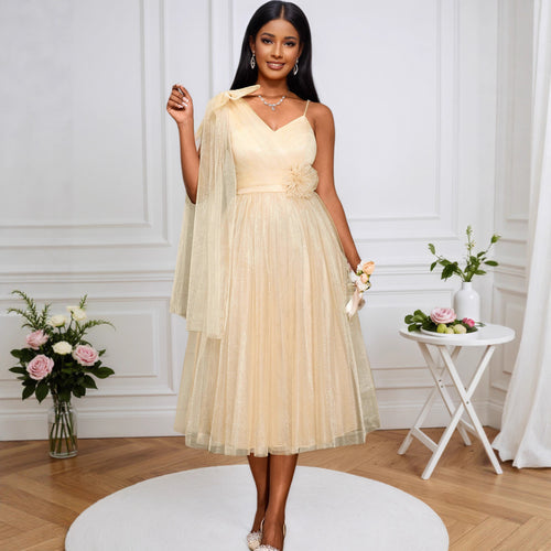 Damen festliches Midikleid mit asymmetrischem Chiffon-Overlay und floraler Applikation R&B