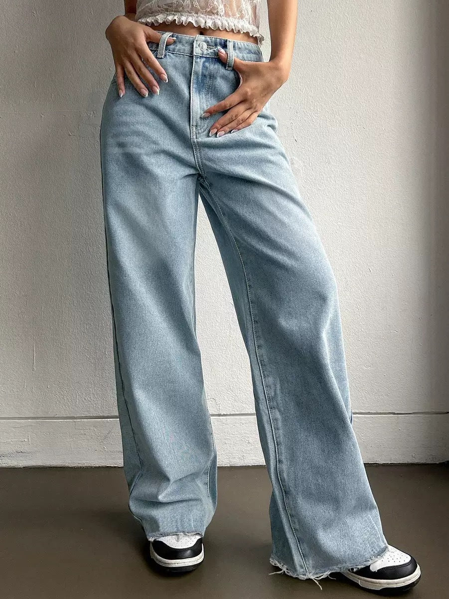 Damen Weite Jeans mit lässigem Schnitt und fransigen Säumen R&B