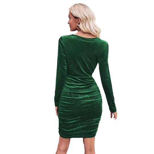 Damen Elegantes Wickelkleid mit funkelnden Akzenten und langem Ärmel R&B