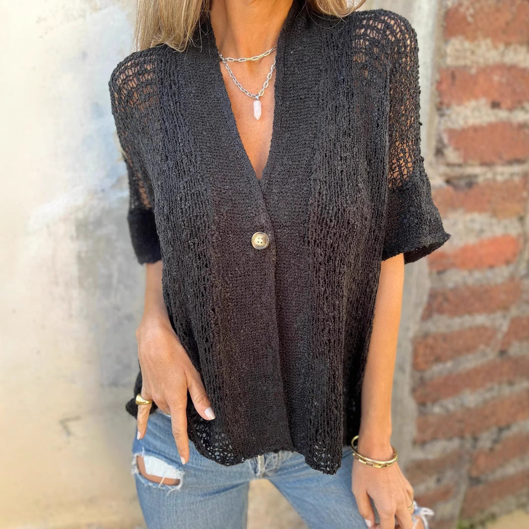 Damen luftige Strickjacke mit strukturiertem Lochmuster R&B