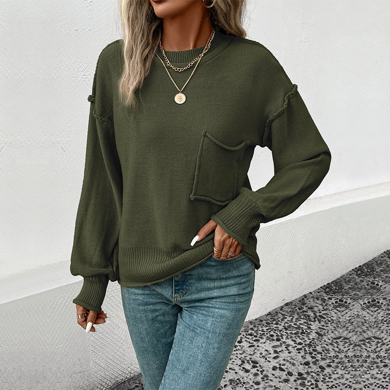 Damen lässiger Pullover mit voluminösen Ärmeln und praktischer Taschendetail R&B