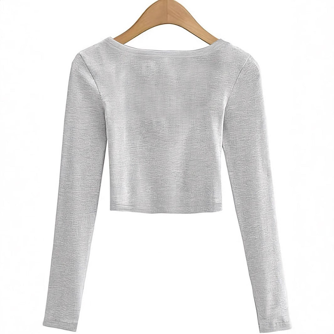 Damen Langarm-Crop-Top mit Rundhalsausschnitt und strukturierter Oberfläche R&B