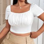 Damen Crop-Top mit gerafftem Design und nostalgischen Puffärmeln R&B