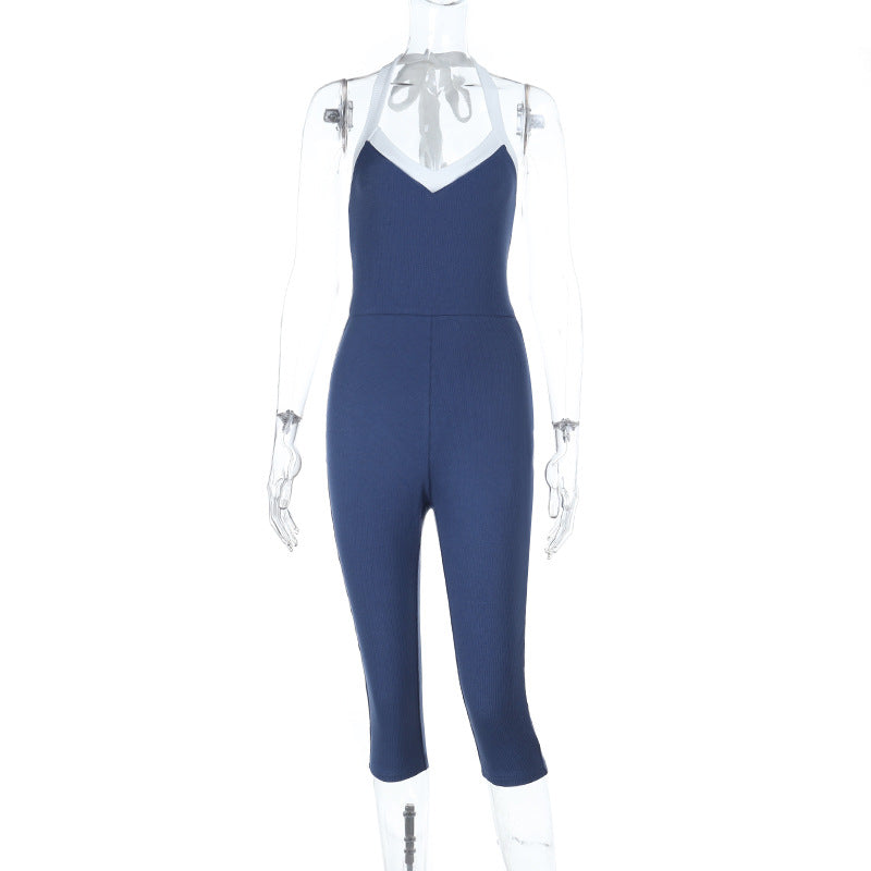 Damen eleganter, figurbetonter Jumpsuit mit V-Ausschnitt und raffinierter Schnürung R&B