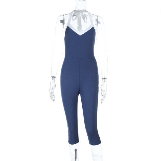 Damen eleganter, figurbetonter Jumpsuit mit V-Ausschnitt und raffinierter Schnürung R&B
