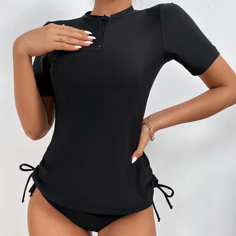 Damen Surf-Bikini-Oberteil mit kurzem Arm und hohem Kragen R&B