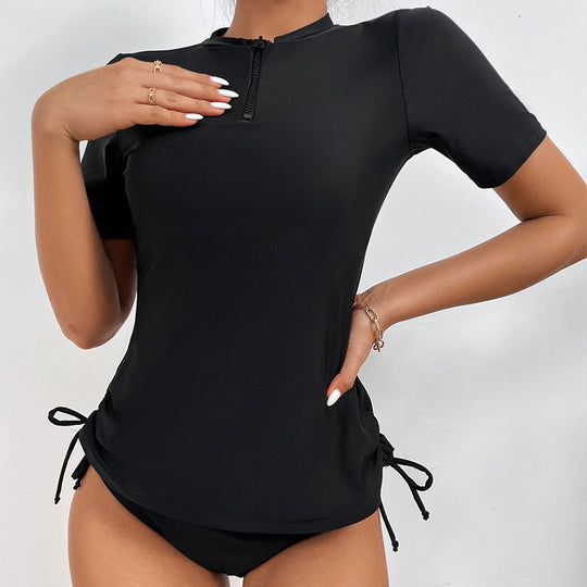 Damen Surf-Bikini-Oberteil mit kurzem Arm und hohem Kragen R&B