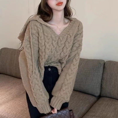 Damen Zopfmuster Pullover mit Kapuze und V-Ausschnitt R&B
