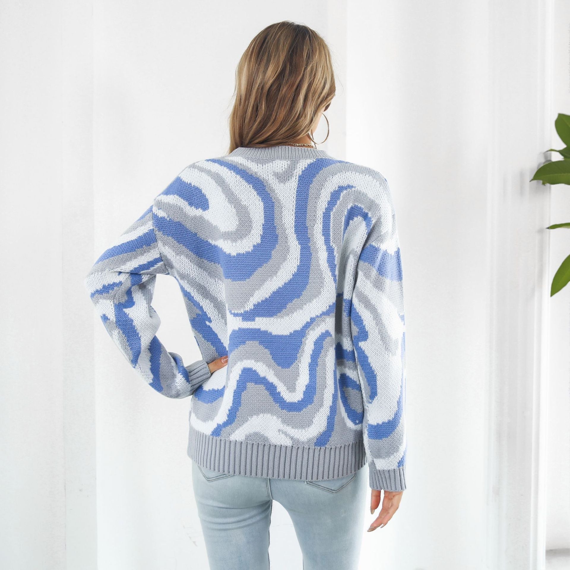 Damen lässiger Pullover mit einzigartigem Wellenmuster R&B