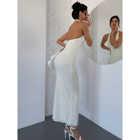 Damen Glamouröses Abendkleid mit hochgeschlossenem Design und funkelnden Perlendetails R&B