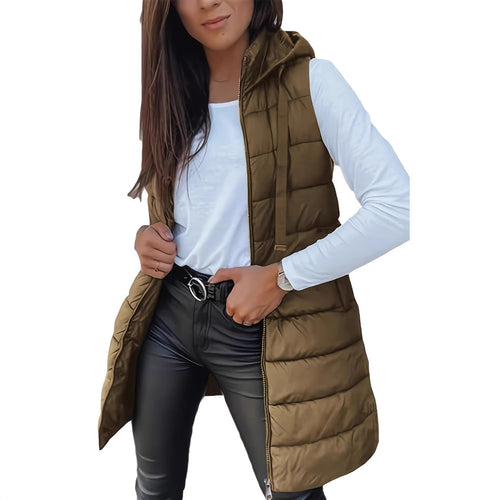 Damen Stylische gesteppte Weste mit Kapuze und langen Schnitt R&B