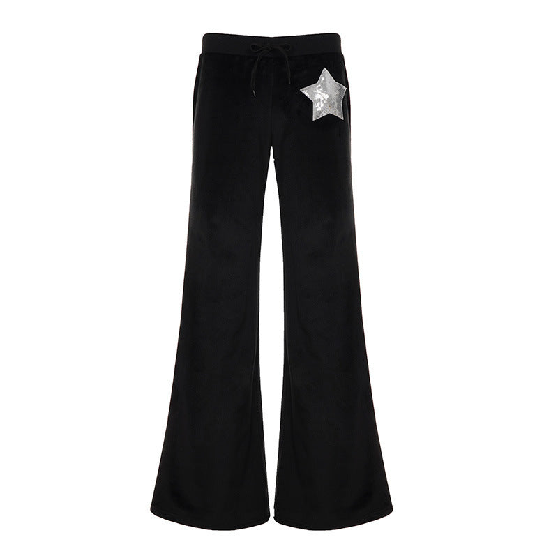 Damen Bequeme Velours-Hose mit weitem Bein und stylischer Sternenapplikation R&B