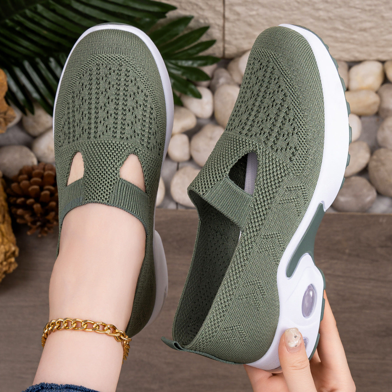 Damen bequeme Slip-On Sneakers mit atmungsaktivem Strickdesign und stoßdämpfender Sohle R&B