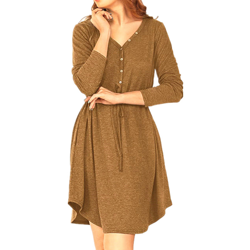 Damen lässiges Wickelkleid mit Knopfdetails und Taillenzug R&B