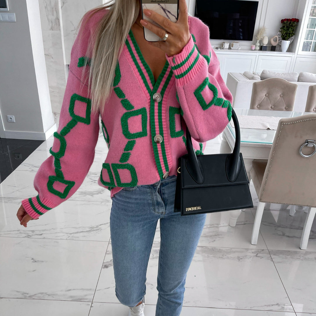 Damen modischer Strickcardigan mit geometrischem Muster R&B