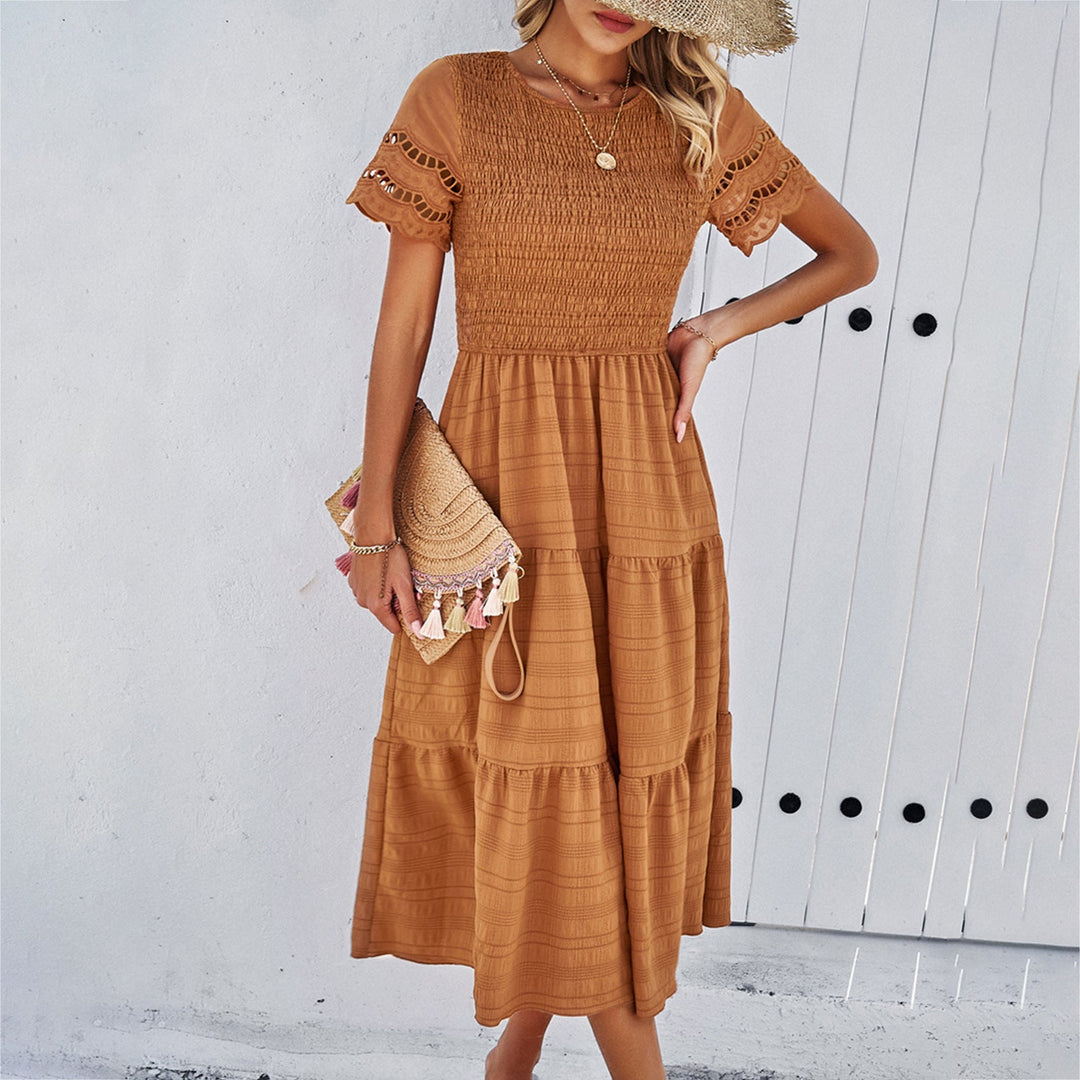 Damen Midikleid mit Puffärmeln und Elastischem Oberteil R&B