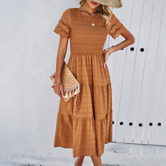 Damen Midikleid mit Puffärmeln und Elastischem Oberteil R&B