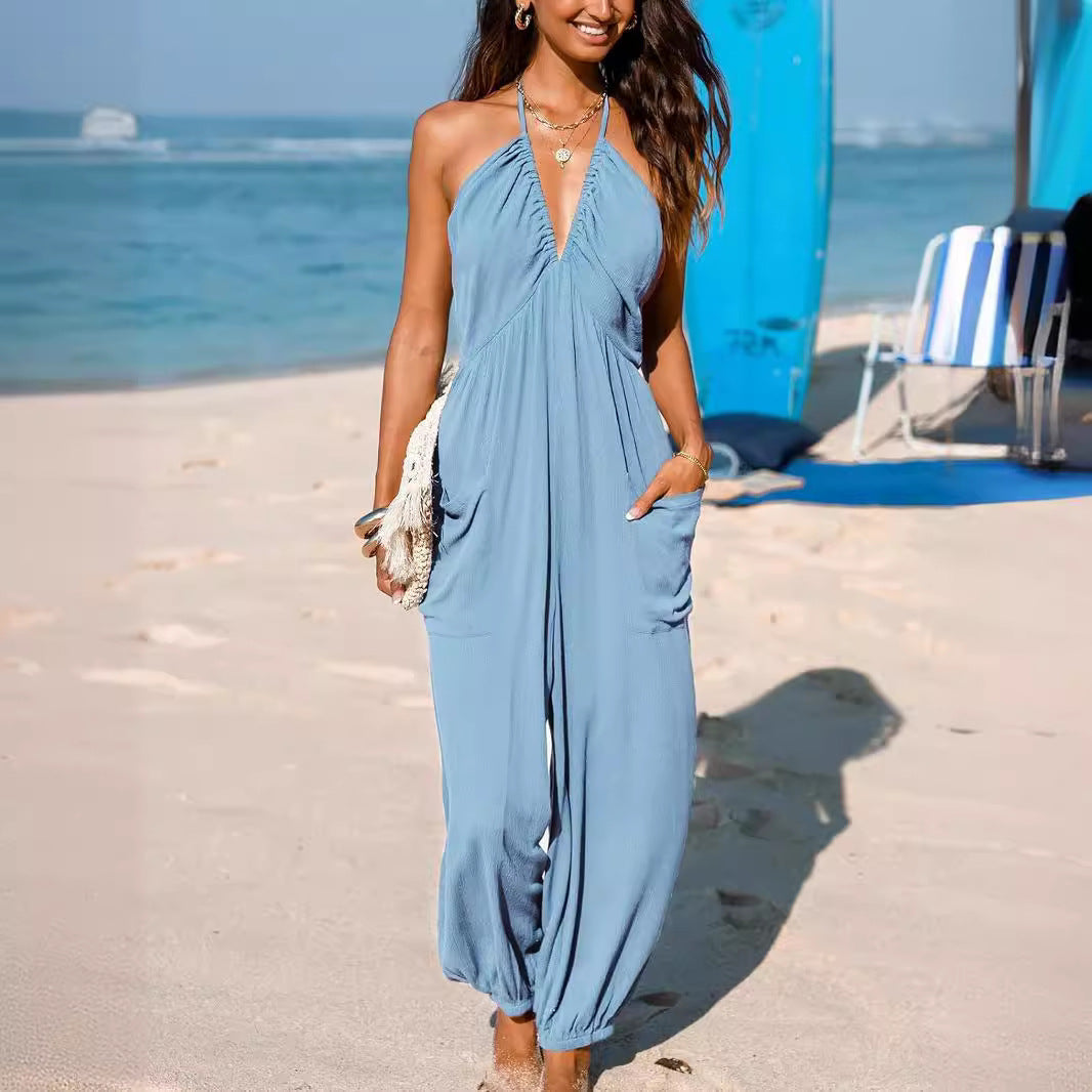Damen lässiger Jumpsuit mit tiefem Ausschnitt und praktischen Taschen R&B