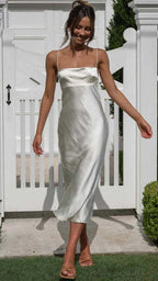 Damen Satin Maxikleid mit tiefem Schlitz und zarten Spaghettiträgern R&B