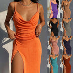 Damen Maxikleid mit tiefem Wasserfalldekolleté und hohem Schlitz R&B