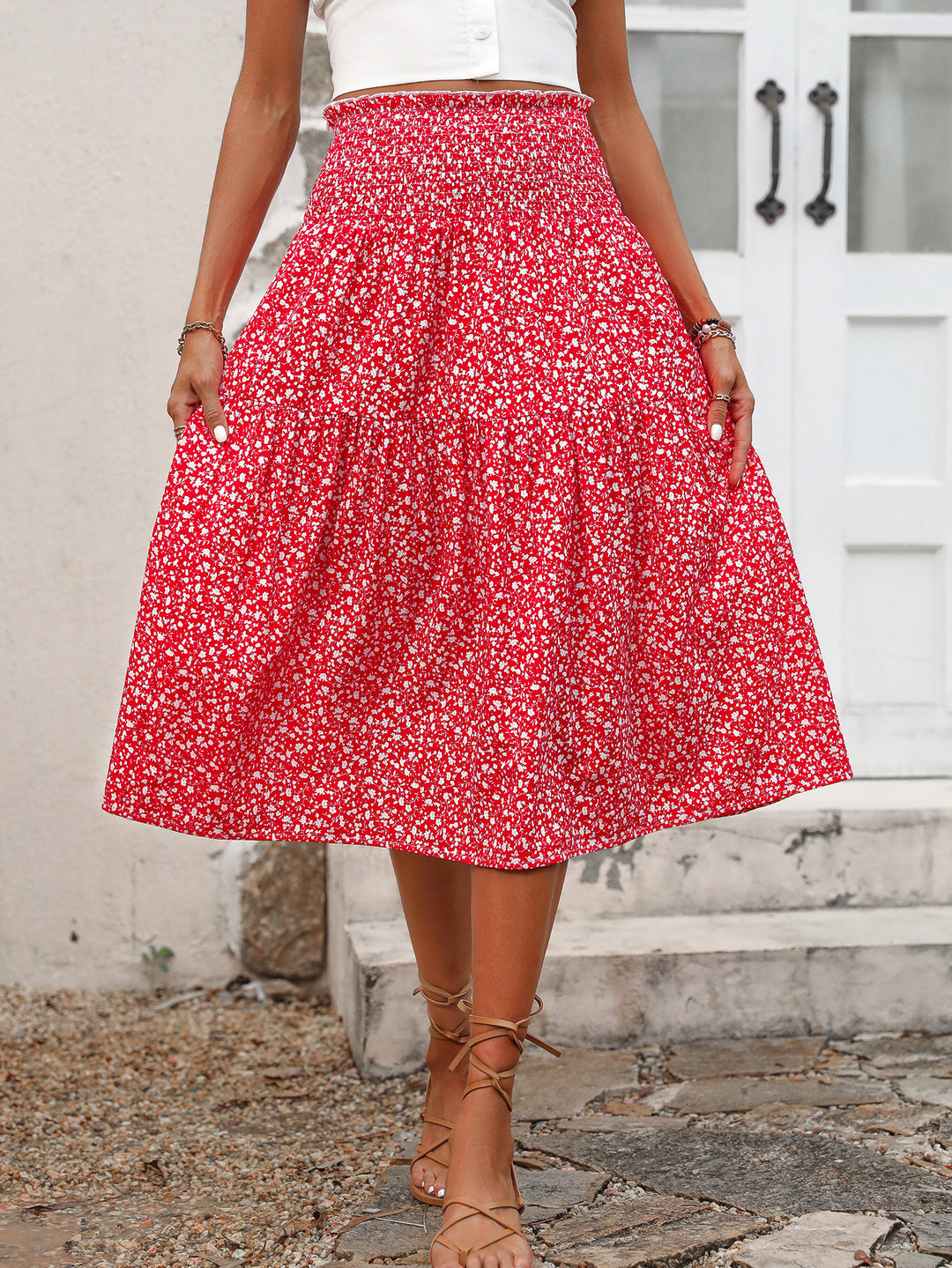Damen Langer Rock mit floralem Print und elastischem Bund Heidi Mode