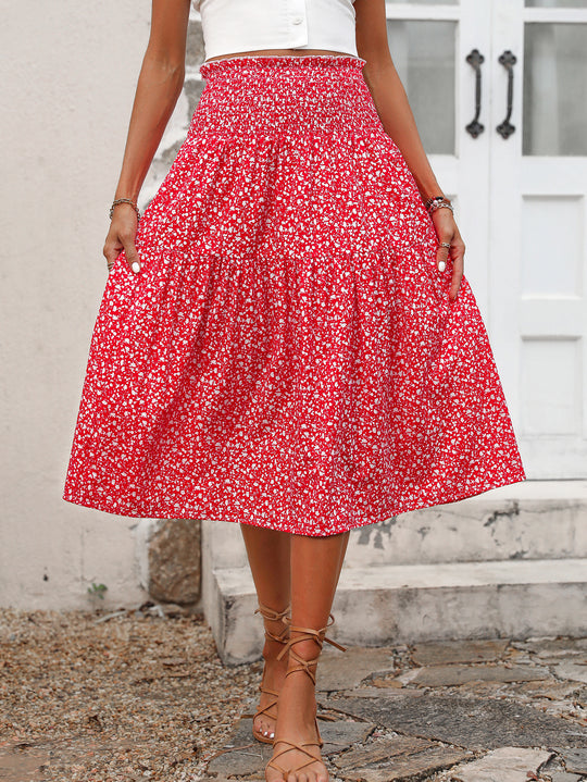 Damen Langer Rock mit floralem Print und elastischem Bund Heidi Mode