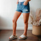 Damen Denim-Shorts mit elastischem Bund und modischen Destroyed-Elementen R&B