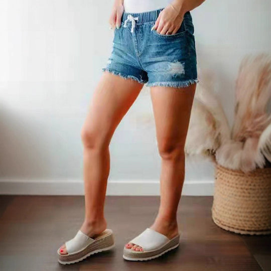 Damen Denim-Shorts mit elastischem Bund und modischen Destroyed-Elementen R&B
