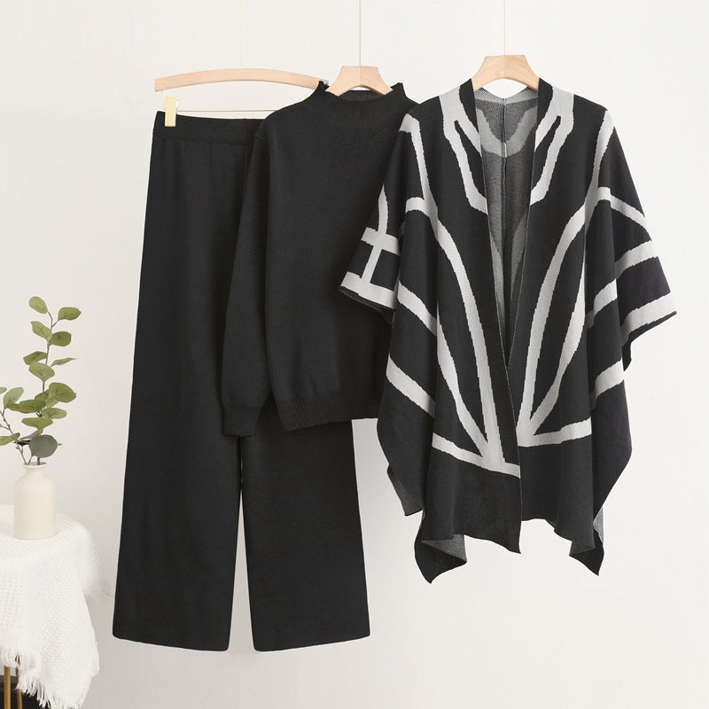Damen trendiges Strick-Loungewear-Set mit grafischem Poncho-Design R&B