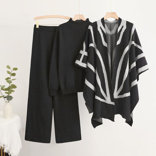 Damen trendiges Strick-Loungewear-Set mit grafischem Poncho-Design R&B