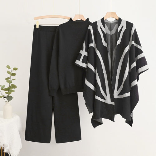 Damen trendiges Strick-Loungewear-Set mit grafischem Poncho-Design R&B