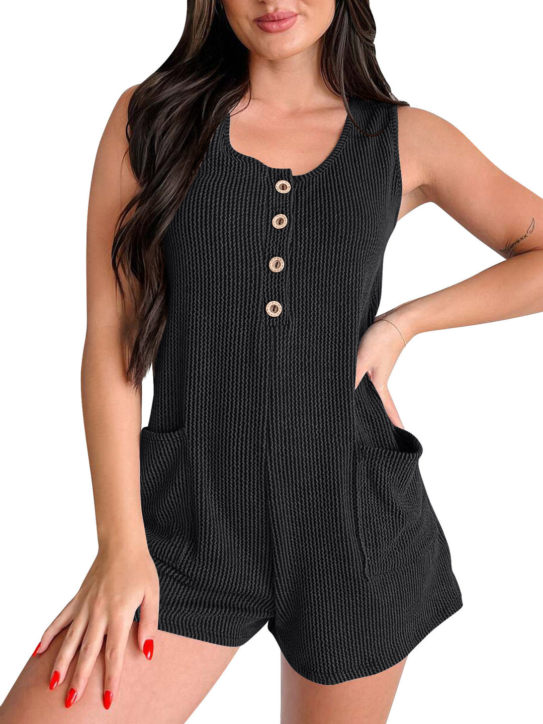 Damen Jumpsuit mit strukturiertem Muster und dekorativen Knöpfen R&B