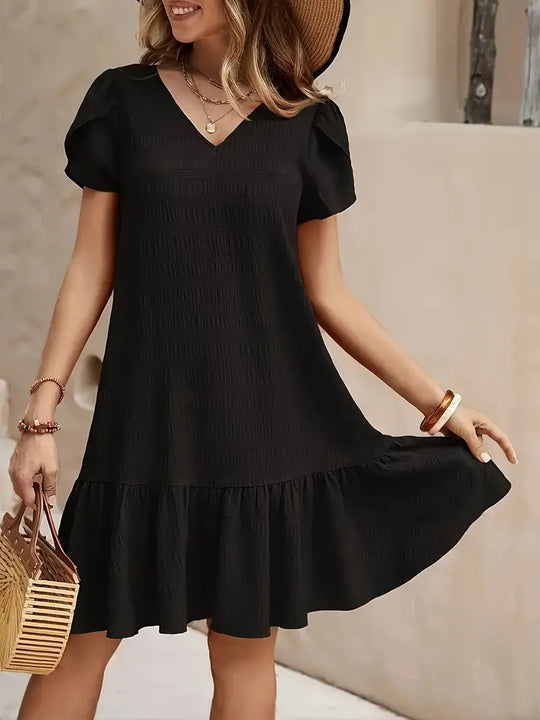 Damen Verspieltes V-Ausschnitt Kleid mit Rüschen und fließendem Schnitt R&B