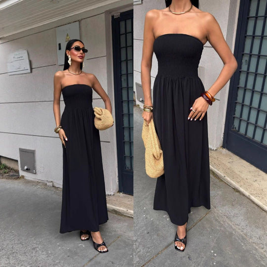 Damen elegantes Maxikleid mit schulterfreiem Design und elastischem Tailleneinsatz R&B