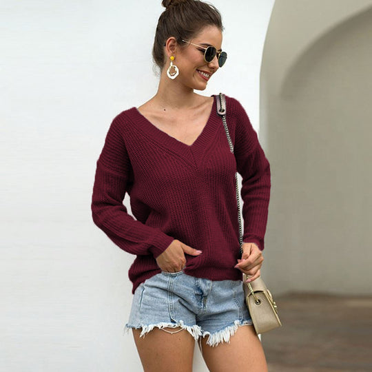 Damen lässiger Strickpullover mit V-Ausschnitt und strukturiertem Muster R&B